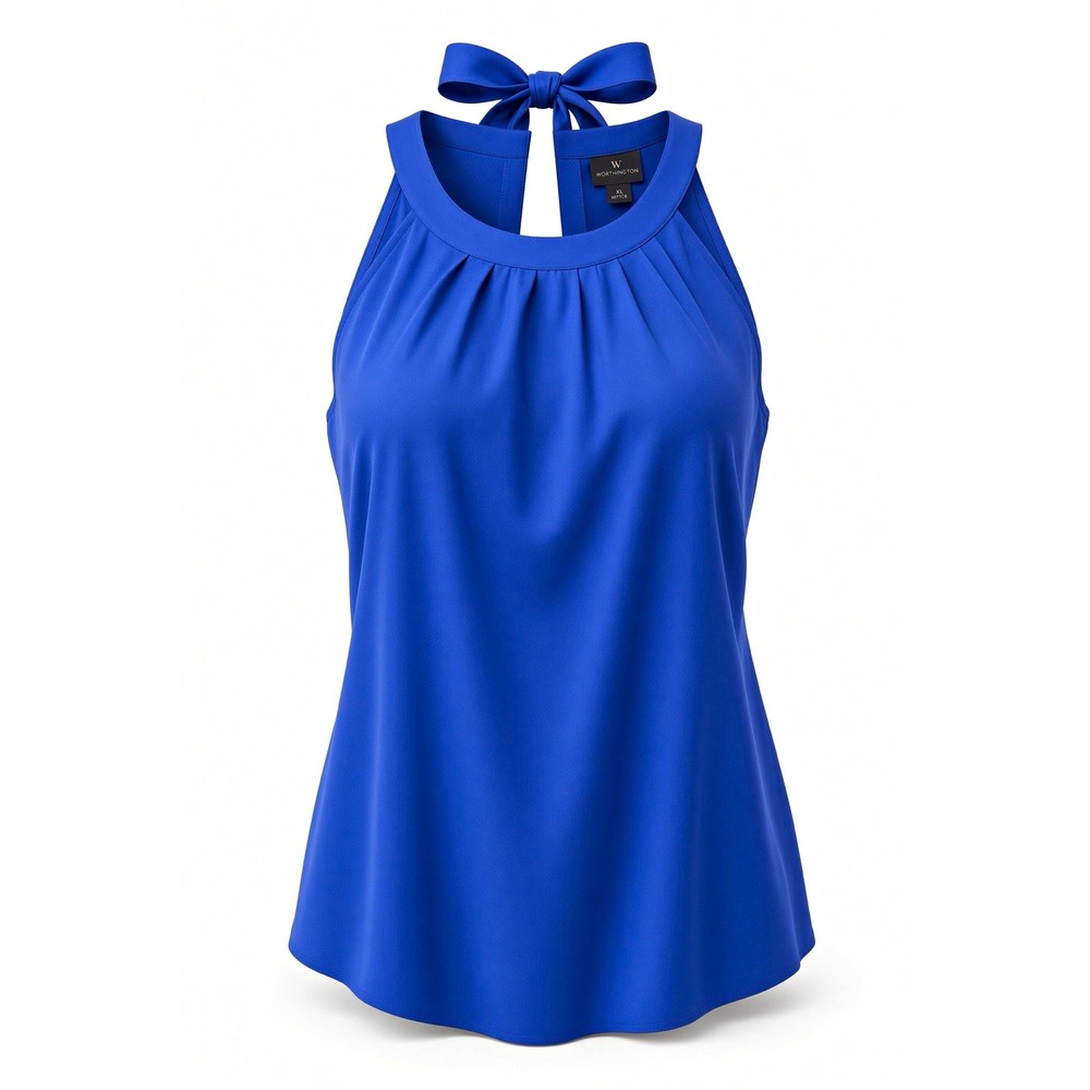 Worthington Women's XL Royal Blue Halter Top – Keyhole Back with Bow Tie, Pleate